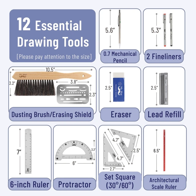 Alt view image 3 of 7 - Professional Drafting Tools & Geometry Set with Case, 17 pcs Mechanical Pencil, Fineliners, Scale Metal Ruler, Drawing Templates for Interior Design House Plan, Architect Protractor Set