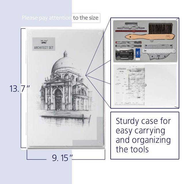 Alt view image 6 of 7 - Professional Drafting Tools & Geometry Set with Case, 17 pcs Mechanical Pencil, Fineliners, Scale Metal Ruler, Drawing Templates for Interior Design House Plan, Architect Protractor Set
