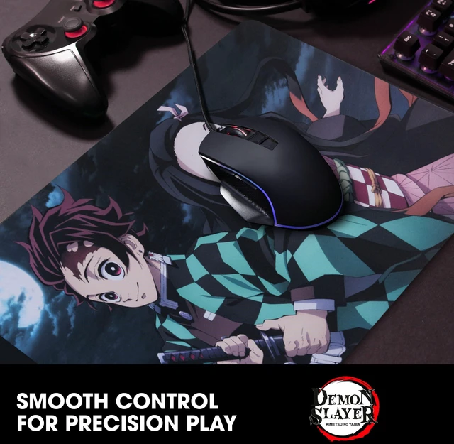 Alt view image 4 of 7 - Demon Slayer Large Gaming Mouse Pad 31"x15" XL Computer Desk Mat, Anime Demon Slayer anime gaming mouse pad, Oversized 31x15in smooth fabric top, stitched edges, non-slip rubber base