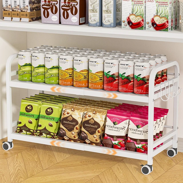 Main image of 2-Tier Expandable Rolling Cart, Pantry Storage Cart with Wheels, Adjustable Rolling Pantry Floor Organizer
