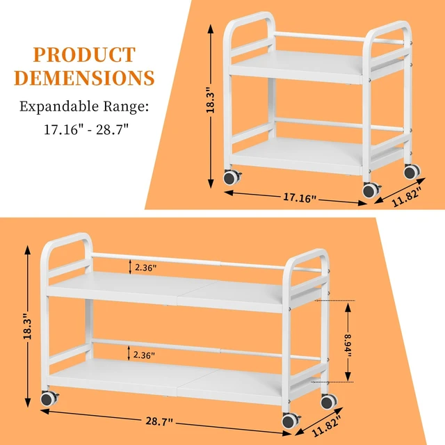 Alt view image 2 of 7 - 2-Tier Expandable Rolling Cart, Pantry Storage Cart with Wheels, Adjustable Rolling Pantry Floor Organizer