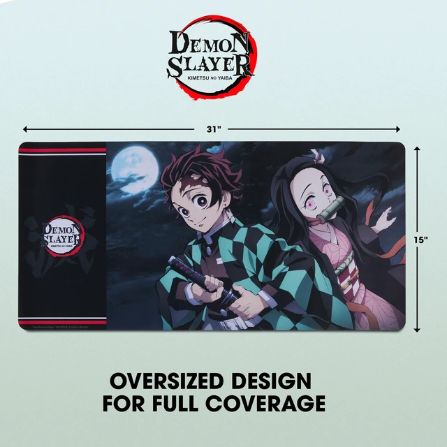 Alt view image 6 of 7 - Demon Slayer Large Gaming Mouse Pad 31"x15" XL Computer Desk Mat, Anime Demon Slayer anime gaming mouse pad, Oversized 31x15in smooth fabric top, stitched edges, non-slip rubber base