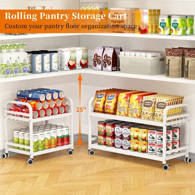Alt view image 3 of 7 - 2-Tier Expandable Rolling Cart, Pantry Storage Cart with Wheels, Adjustable Rolling Pantry Floor Organizer