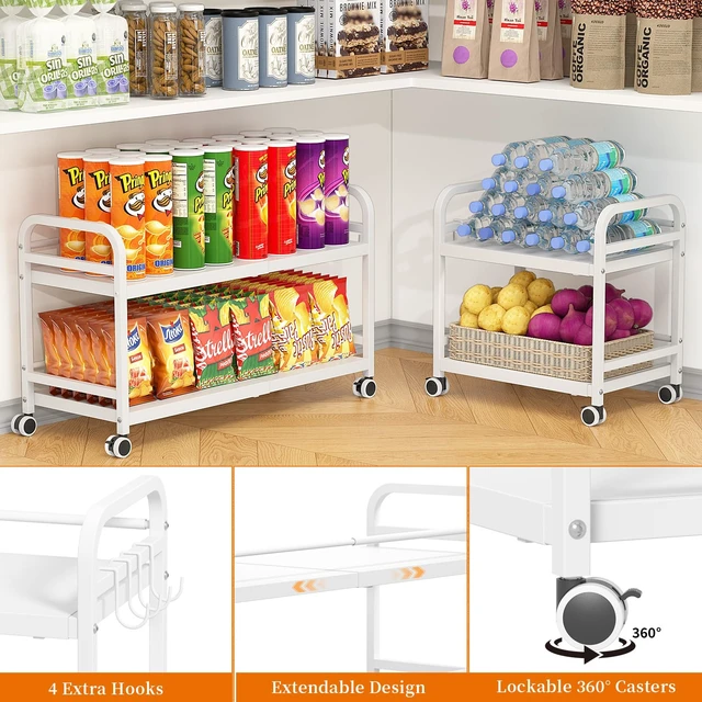 Alt view image 4 of 7 - 2-Tier Expandable Rolling Cart, Pantry Storage Cart with Wheels, Adjustable Rolling Pantry Floor Organizer