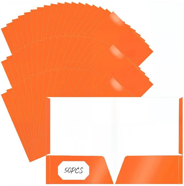 Main image of 50 Pcs 2 Pocket Glossy Paper Folders Glossy Paper Laminated Portfolios, Letter Size, Presentation Folders with Pockets for Office Teacher Worker Supplies (Orange)