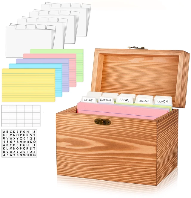 Main image of 4x6 Wood Index Card Holder Box Set with 100 Flash Cards and 30 Dividers Notecards Box with 1 Blank Sticker and 1 Letter Sticker, for Business Organizer, Study Records, Recipe Storage, Home Office