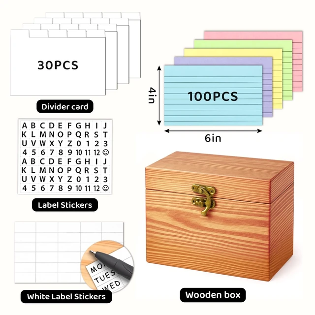 Alt view image 2 of 7 - 4x6 Wood Index Card Holder Box Set with 100 Flash Cards and 30 Dividers Notecards Box with 1 Blank Sticker and 1 Letter Sticker, for Business Organizer, Study Records, Recipe Storage, Home Office