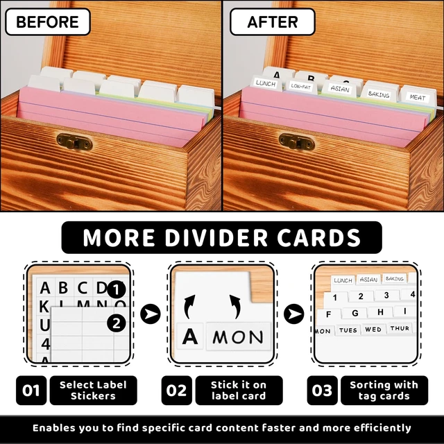 Alt view image 3 of 7 - 4x6 Wood Index Card Holder Box Set with 100 Flash Cards and 30 Dividers Notecards Box with 1 Blank Sticker and 1 Letter Sticker, for Business Organizer, Study Records, Recipe Storage, Home Office