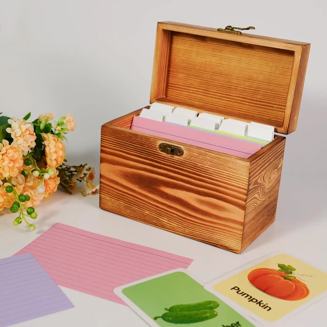 Alt view image 6 of 7 - 4x6 Wood Index Card Holder Box Set with 100 Flash Cards and 30 Dividers Notecards Box with 1 Blank Sticker and 1 Letter Sticker, for Business Organizer, Study Records, Recipe Storage, Home Office