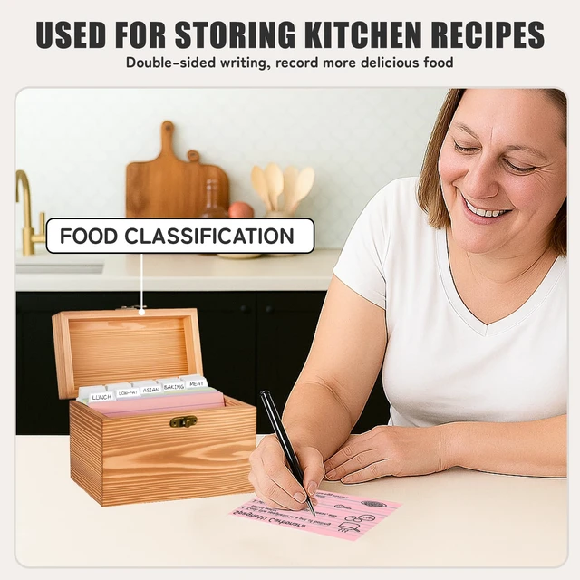 Alt view image 5 of 7 - 4x6 Wood Index Card Holder Box Set with 100 Flash Cards and 30 Dividers Notecards Box with 1 Blank Sticker and 1 Letter Sticker, for Business Organizer, Study Records, Recipe Storage, Home Office