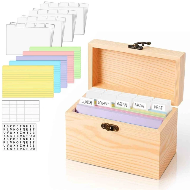 Main image of Wood 4x6 Index Card Holder Box Set with 100 Flash Cards and 30 Dividers Notecards Box with 1 Blank Sticker and 1 Letter Sticker, for Business Organizer, Study Records, Recipe Storage, Home Office