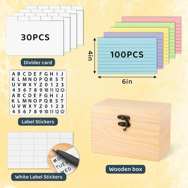 Alt view image 2 of 5 - Wood 4x6 Index Card Holder Box Set with 100 Flash Cards and 30 Dividers Notecards Box with 1 Blank Sticker and 1 Letter Sticker, for Business Organizer, Study Records, Recipe Storage, Home Office