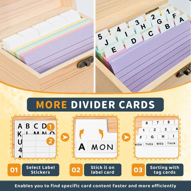 Alt view image 3 of 5 - Wood 4x6 Index Card Holder Box Set with 100 Flash Cards and 30 Dividers Notecards Box with 1 Blank Sticker and 1 Letter Sticker, for Business Organizer, Study Records, Recipe Storage, Home Office