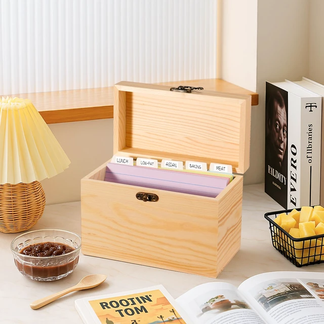 Alt view image 5 of 5 - Wood 4x6 Index Card Holder Box Set with 100 Flash Cards and 30 Dividers Notecards Box with 1 Blank Sticker and 1 Letter Sticker, for Business Organizer, Study Records, Recipe Storage, Home Office