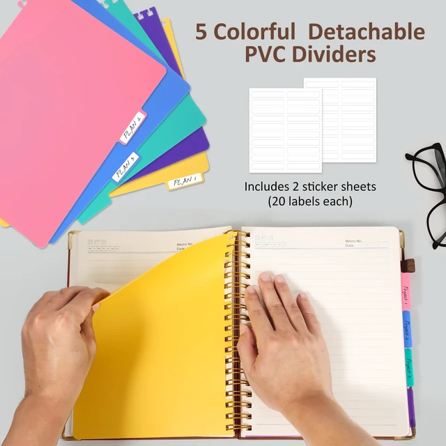 Alt view image 4 of 7 - Hardcover Multi Subject Spiral Notebook with Tabs, Large B5 for Work Brown 300-Page College Ruled B5 Journal with Removable Dividers, Thick Paper, Tabbed Notebook for School and Office