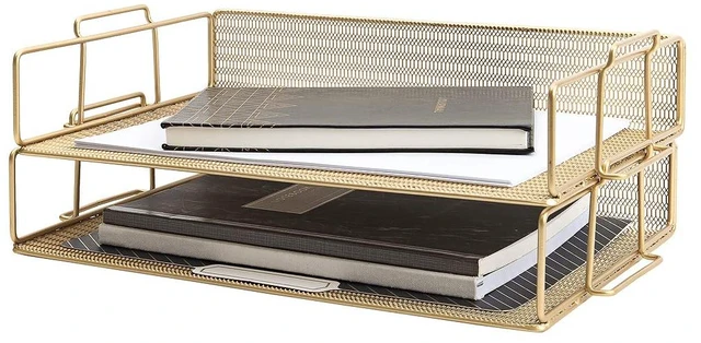 Main image of Paper Tray Stackable Gold Mesh Set of 2 Stackable File Trays for Desk Organization Tiered Desk Organizer with Metal Letter Trays