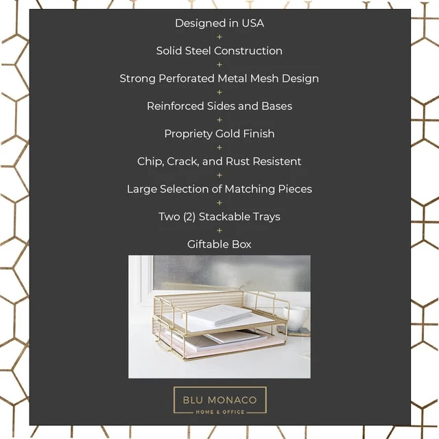 Alt view image 3 of 6 - Paper Tray Stackable Gold Mesh Set of 2 Stackable File Trays for Desk Organization Tiered Desk Organizer with Metal Letter Trays