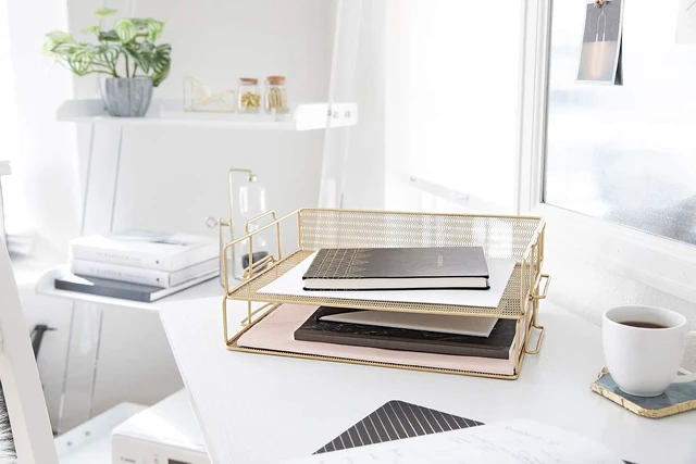 Alt view image 2 of 6 - Paper Tray Stackable Gold Mesh Set of 2 Stackable File Trays for Desk Organization Tiered Desk Organizer with Metal Letter Trays