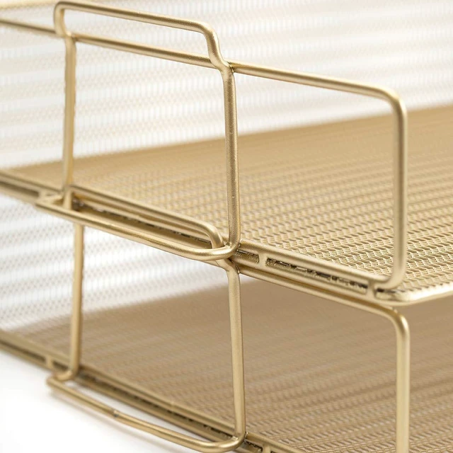 Alt view image 5 of 6 - Paper Tray Stackable Gold Mesh Set of 2 Stackable File Trays for Desk Organization Tiered Desk Organizer with Metal Letter Trays