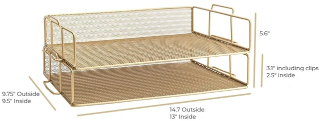Alt view image 6 of 6 - Paper Tray Stackable Gold Mesh Set of 2 Stackable File Trays for Desk Organization Tiered Desk Organizer with Metal Letter Trays