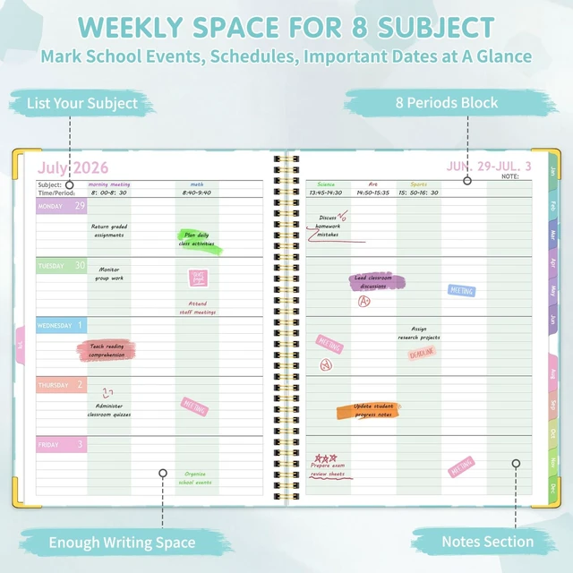 Alt view image 3 of 7 - Teacher Planner 2026-2027, Teacher Lesson Planner 14 Checklist, 8.5" x 11" July 2026-June 2027 Academic Year with Colorful Monthly Tabs, Teacher Calendar Book for School, Spiral Bound Planner, Square