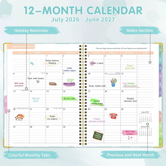 Alt view image 2 of 7 - Teacher Planner 2026-2027, Teacher Lesson Planner 14 Checklist, 8.5" x 11" July 2026-June 2027 Academic Year with Colorful Monthly Tabs, Teacher Calendar Book for School, Spiral Bound Planner, Square