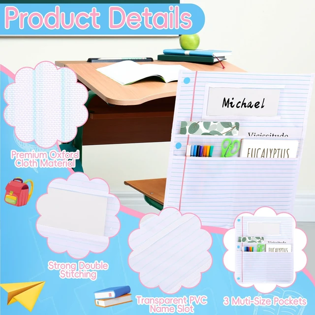 Alt view image 3 of 7 - 24Pcs Notebook Chair Pockets for Classroom Notebook Chair Back Buddy Pocket with Name Tags 17x20In Chairs Organizer 3 Pockets Seat Storage Pocket for School Classroom Daycare Home Supplies