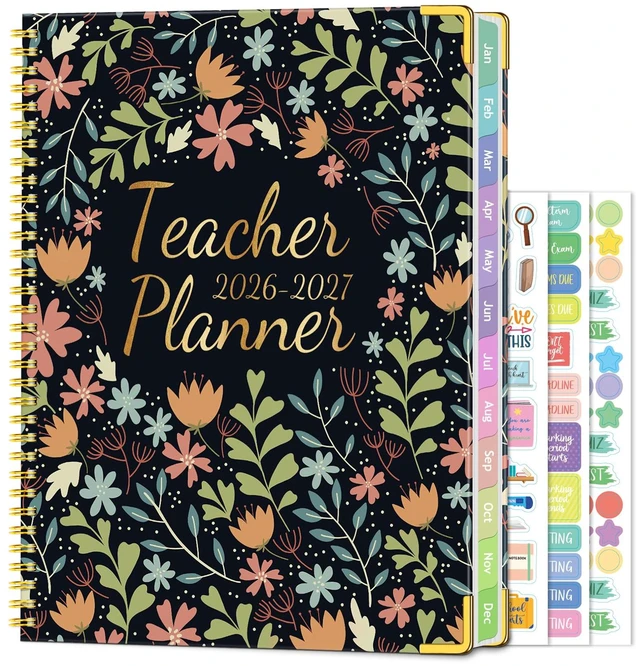 Main image of Teacher Planner 2026-2027, Teacher Lesson Planner 14 Checklist, 8.5" x 11" July 2026-June 2027 Academic Year with Colorful Tabs, Teacher Calendar Book for School, Spiral Bound Planner, Red Flower