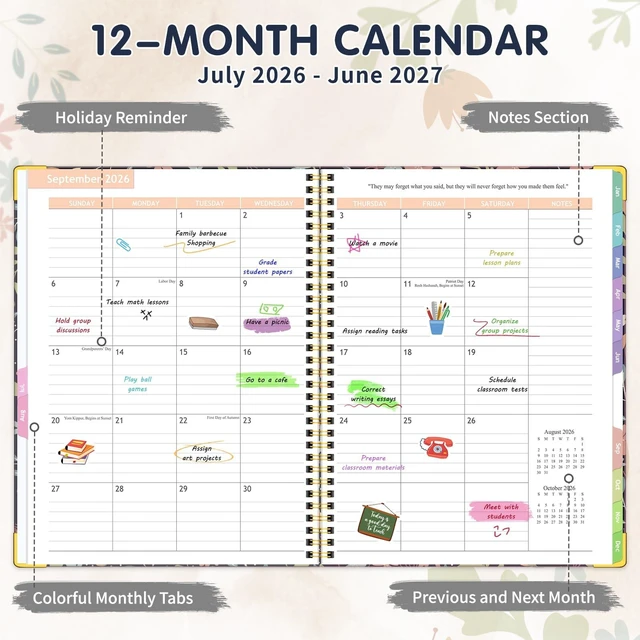 Alt view image 2 of 7 - Teacher Planner 2026-2027, Teacher Lesson Planner 14 Checklist, 8.5" x 11" July 2026-June 2027 Academic Year with Colorful Tabs, Teacher Calendar Book for School, Spiral Bound Planner, Red Flower