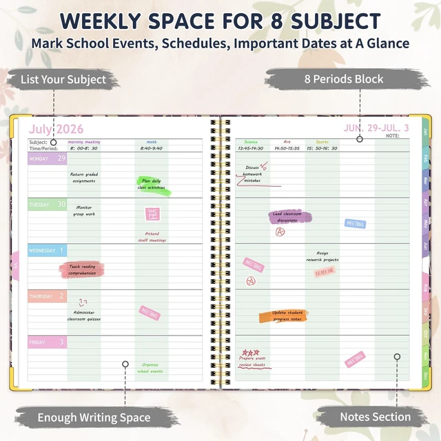 Alt view image 3 of 7 - Teacher Planner 2026-2027, Teacher Lesson Planner 14 Checklist, 8.5" x 11" July 2026-June 2027 Academic Year with Colorful Tabs, Teacher Calendar Book for School, Spiral Bound Planner, Red Flower