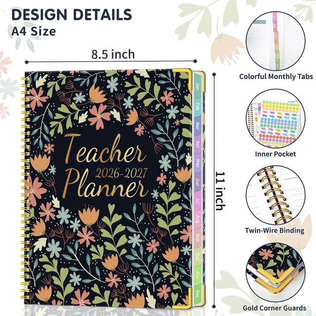 Alt view image 5 of 7 - Teacher Planner 2026-2027, Teacher Lesson Planner 14 Checklist, 8.5" x 11" July 2026-June 2027 Academic Year with Colorful Tabs, Teacher Calendar Book for School, Spiral Bound Planner, Red Flower