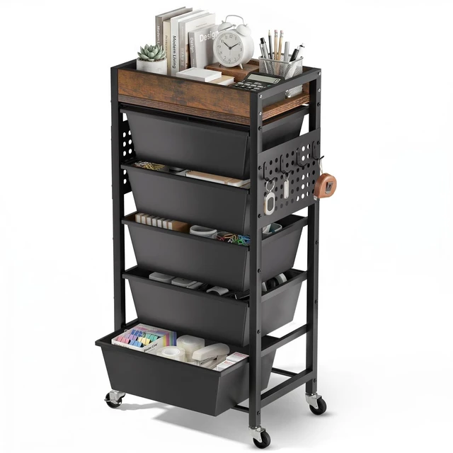 Main image of 6 Tier Rolling Cart with Drawers, Plastic Drawer Storage Craft Cart with Pegboards & Hooks, Metal Utility Cart with Wheels & Wooden Tabletop, Classroom Office Art Supply Organizers and Storage, Black