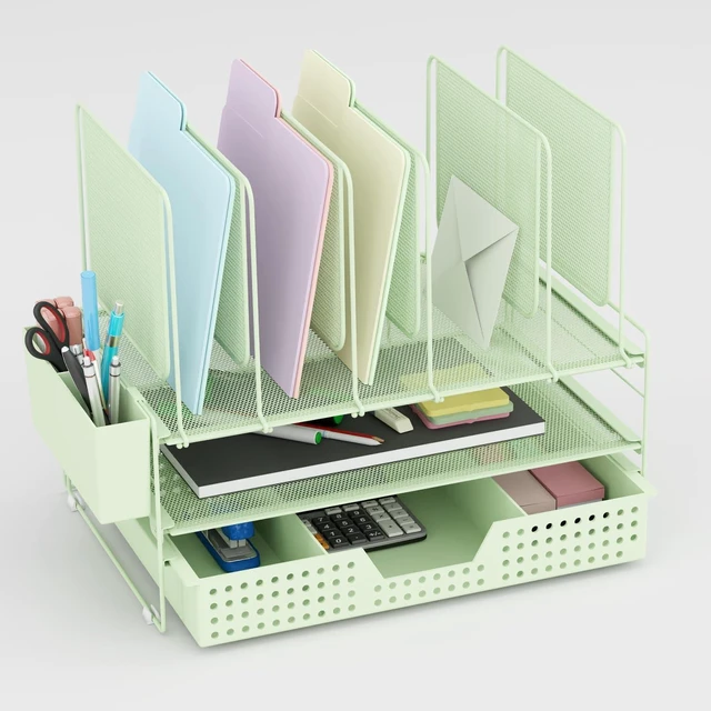 Main image of Green Desk Organizer, Office Organization with Vertical File Holder, File Organizer with Drawer and Pen Holder, Desk Accessories and Workspace Organizers for Home Office (Green)