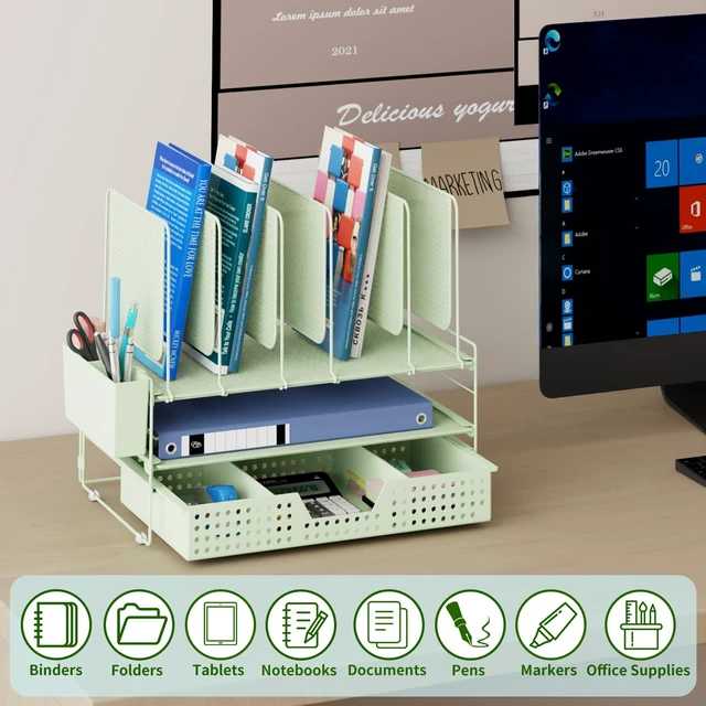 Alt view image 2 of 7 - Green Desk Organizer, Office Organization with Vertical File Holder, File Organizer with Drawer and Pen Holder, Desk Accessories and Workspace Organizers for Home Office (Green)
