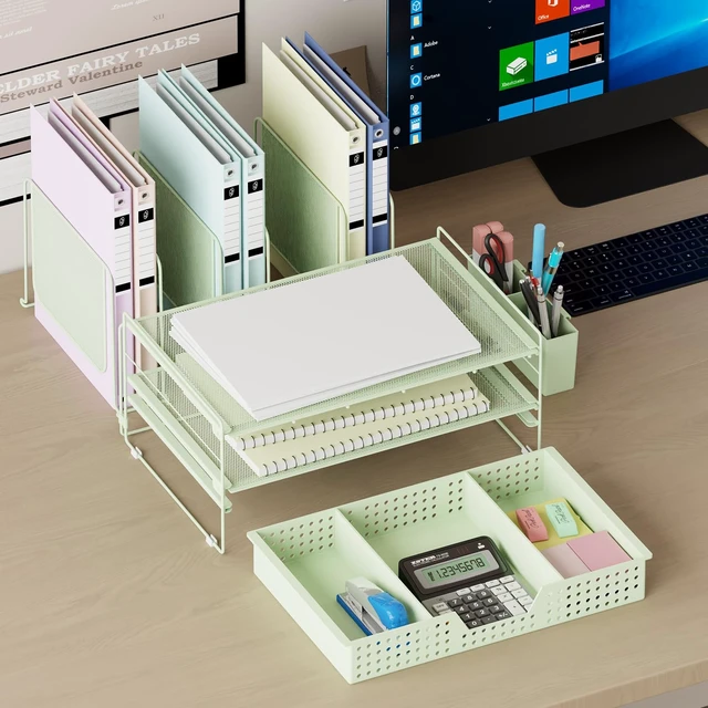 Alt view image 3 of 7 - Green Desk Organizer, Office Organization with Vertical File Holder, File Organizer with Drawer and Pen Holder, Desk Accessories and Workspace Organizers for Home Office (Green)