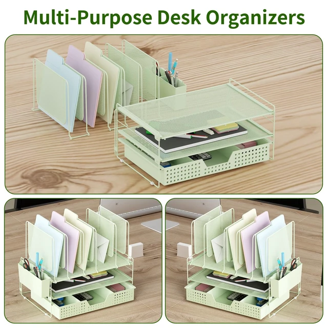 Alt view image 6 of 7 - Green Desk Organizer, Office Organization with Vertical File Holder, File Organizer with Drawer and Pen Holder, Desk Accessories and Workspace Organizers for Home Office (Green)