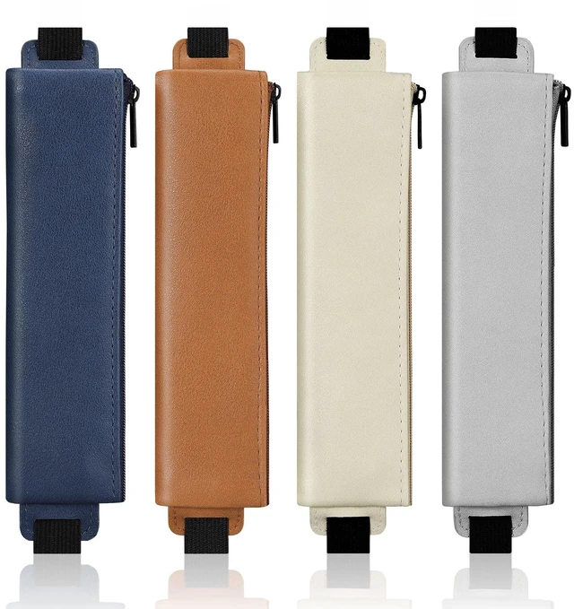 Main image of Elastic Pen Holder for Notebook, 4 Pack PU Leather Pencil Pouches Adjustable 7.514.6 in bands secure the zippered pouches; each 7 × 2.2 in case holds at least 34 pens