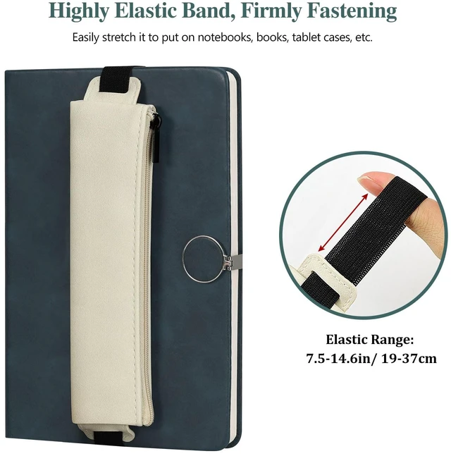Alt view image 2 of 7 - Elastic Pen Holder for Notebook, 4 Pack PU Leather Pencil Pouches Adjustable 7.514.6 in bands secure the zippered pouches; each 7 × 2.2 in case holds at least 34 pens