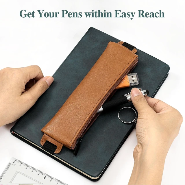 Alt view image 7 of 7 - Elastic Pen Holder for Notebook, 4 Pack PU Leather Pencil Pouches Adjustable 7.514.6 in bands secure the zippered pouches; each 7 × 2.2 in case holds at least 34 pens