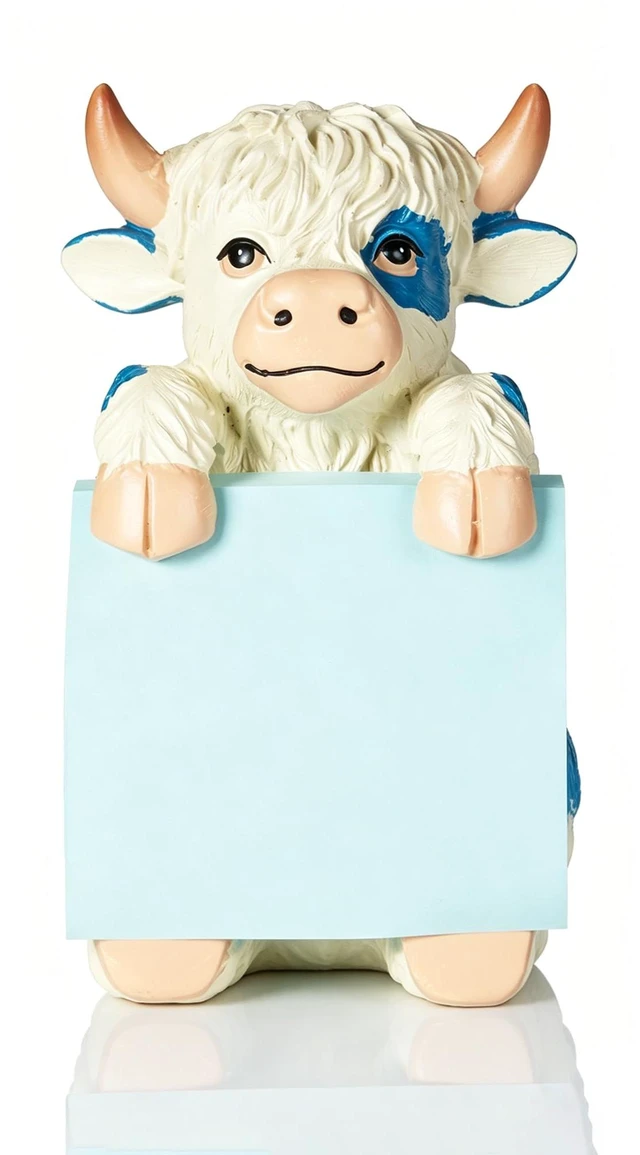 Main image of Highland Cow Pop-Up Sticky Note Dispenser for 3 x 3 in Notes, Blue Includes 100 sheets, handmade resin desk decor for office, home or classroom, gift for teachers, coworkers and cow lovers