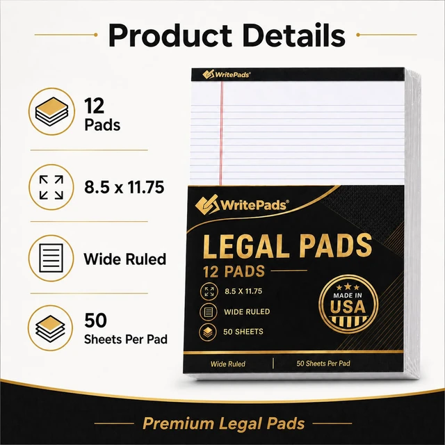 Alt view image 2 of 7 - Legal Pads 8.5 x 11.75 Inch Wide Ruled Writing Pads, 12 Pack Note Pads - White Perforated Paper with Hard Back, 50 Sheets Per Pad, No Bleed Paper Notepad for Office, School, Business MADE IN USA