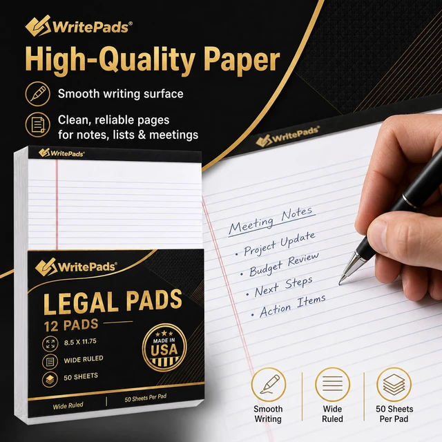 Alt view image 3 of 7 - Legal Pads 8.5 x 11.75 Inch Wide Ruled Writing Pads, 12 Pack Note Pads - White Perforated Paper with Hard Back, 50 Sheets Per Pad, No Bleed Paper Notepad for Office, School, Business MADE IN USA