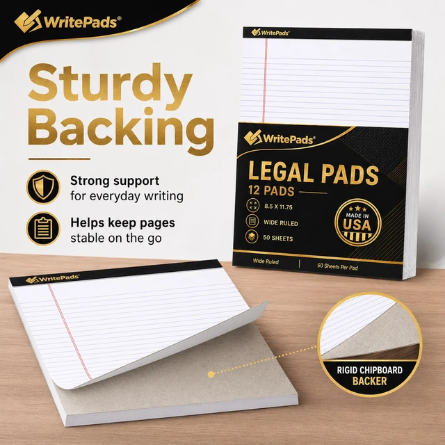 Alt view image 4 of 7 - Legal Pads 8.5 x 11.75 Inch Wide Ruled Writing Pads, 12 Pack Note Pads - White Perforated Paper with Hard Back, 50 Sheets Per Pad, No Bleed Paper Notepad for Office, School, Business MADE IN USA