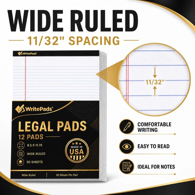 Alt view image 6 of 7 - Legal Pads 8.5 x 11.75 Inch Wide Ruled Writing Pads, 12 Pack Note Pads - White Perforated Paper with Hard Back, 50 Sheets Per Pad, No Bleed Paper Notepad for Office, School, Business MADE IN USA