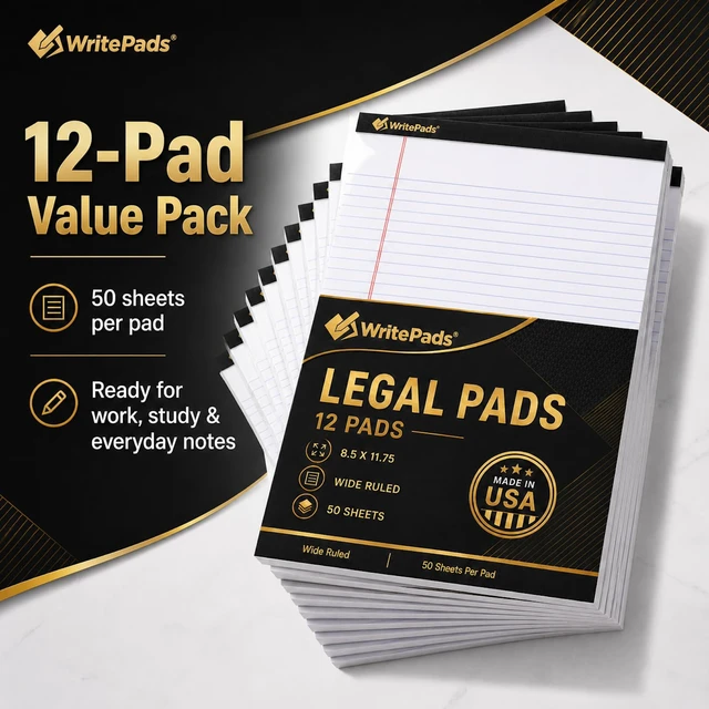 Alt view image 7 of 7 - Legal Pads 8.5 x 11.75 Inch Wide Ruled Writing Pads, 12 Pack Note Pads - White Perforated Paper with Hard Back, 50 Sheets Per Pad, No Bleed Paper Notepad for Office, School, Business MADE IN USA