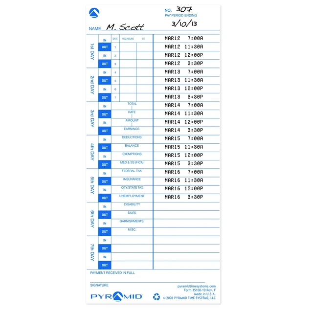 Alt view image 2 of 5 - 30% Recycled Time Cards (35100-10PK5) - 500 Cards For Models 3500, 3500ss, 3600SS, 3700 Time Clock and Document Stamp, Single Sided Time Sheets (4 X 9 In), 500 Cards