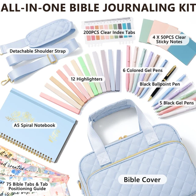 Alt view image 2 of 7 - Bible Cover Case for Women, Bible Tote Bag w/Study Supplies Journaling Kit Quilted Church Bag Carrying Cases w/ Strap, Bible Accessories w/ Highlighters Tabs, Christmas Christian Gifts for Women Mom