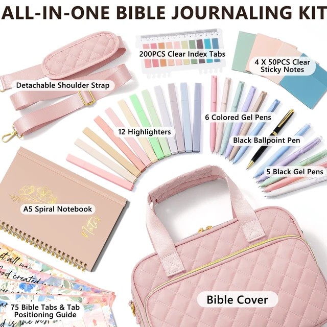 Alt view image 2 of 7 - Bible Cover Case for Women, Bible Tote Bag w/Study Supplies Journaling Kit Quilted Church Bag Carrying Cases w/ Strap, Bible Accessories w/ Highlighters Tabs, Christmas Christian Gifts for Women Mom
