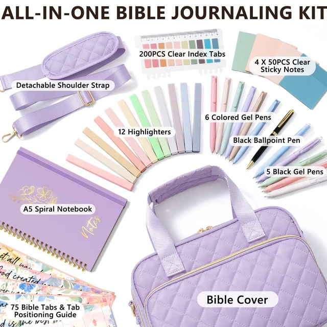 Alt view image 2 of 7 - Bible Cover Case for Women, Bible Tote Bag w/Study Supplies Journaling Kit Quilted Church Bag Carrying Cases w/ Strap, Bible Accessories w/ Highlighters Tabs, Christmas Christian Gifts for Women Mom