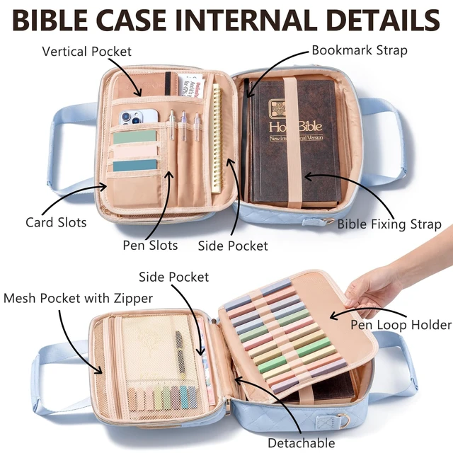 Alt view image 4 of 7 - Bible Cover Case for Women, Bible Tote Bag w/Study Supplies Journaling Kit Quilted Church Bag Carrying Cases w/ Strap, Bible Accessories w/ Highlighters Tabs, Christmas Christian Gifts for Women Mom
